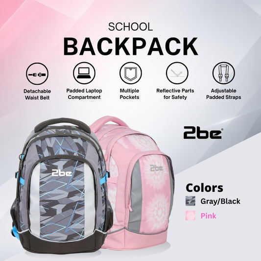 2be School Backpack with Laptop/Tablet Compartment, Reflective Details & Padded Straps