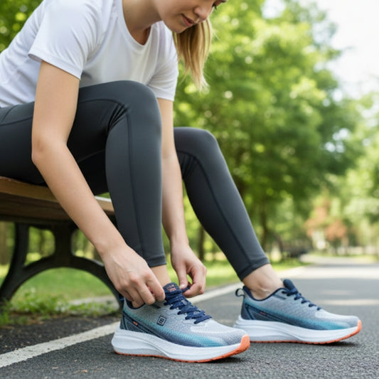 Person tying running shoes outdoors on a path with greenery