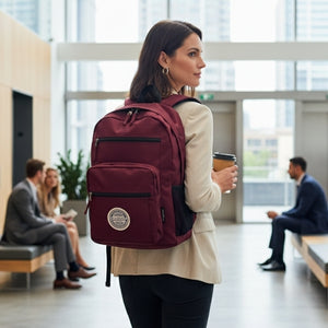 Woman with a maroon backpack in an indoor or office setting